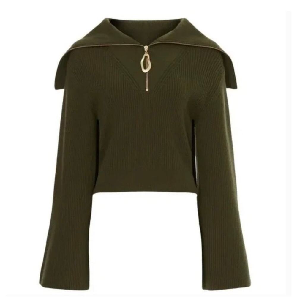 Tanya Taylor Monica Merino Wool Knit Sweater In Olive Green $475 Zipper Gold M